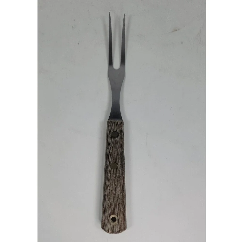 Vintage Stainless Steel Japan Meat Carving Fork Faux Wood Handle 9.5 Inch 2 Tine